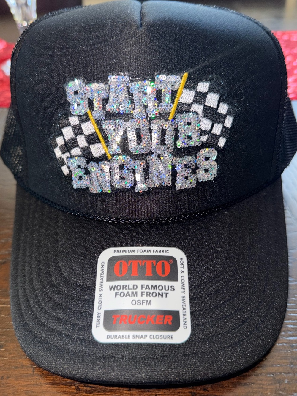 OTTO Racing Trucker Hat with Sequin 'Start Your Engines' and Checkered Flags